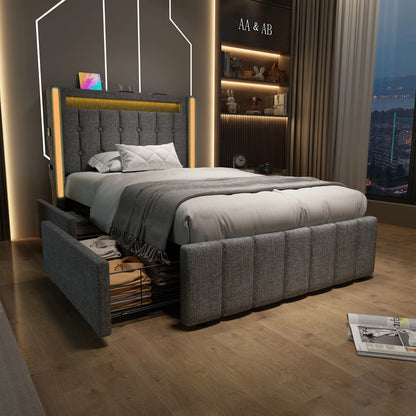 KOMHTOM Polsterbett Einzelbett Jugendbett 90x200 cm Grau - USB Typ C Ladefunktion, LED-Beleuchtung, 2 Schubladen, ohne Matratze