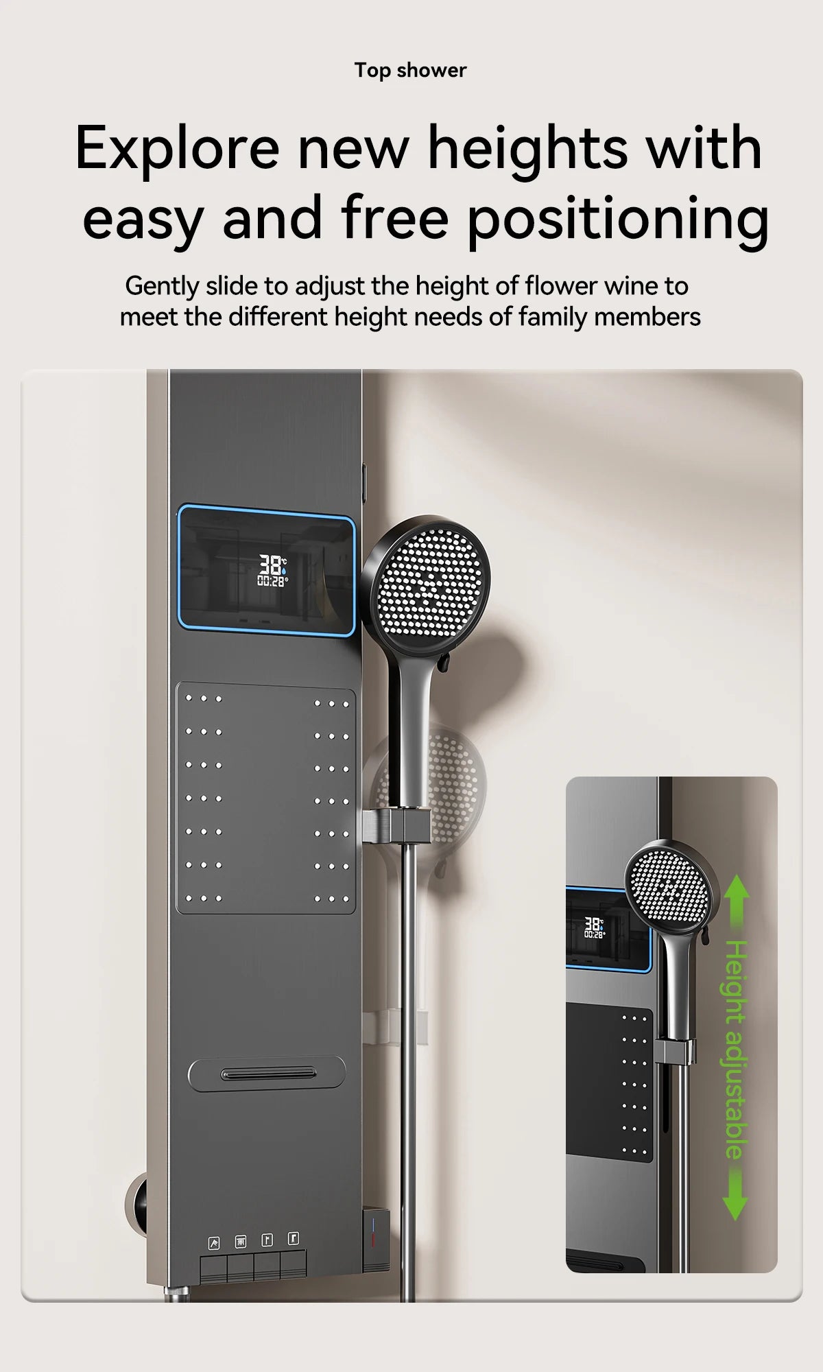 Multi Functional LED Shower Screen Wall Mounted Waterfall Shower Head Set Bathroom Digital Atmosphere Light Shower Set Screen