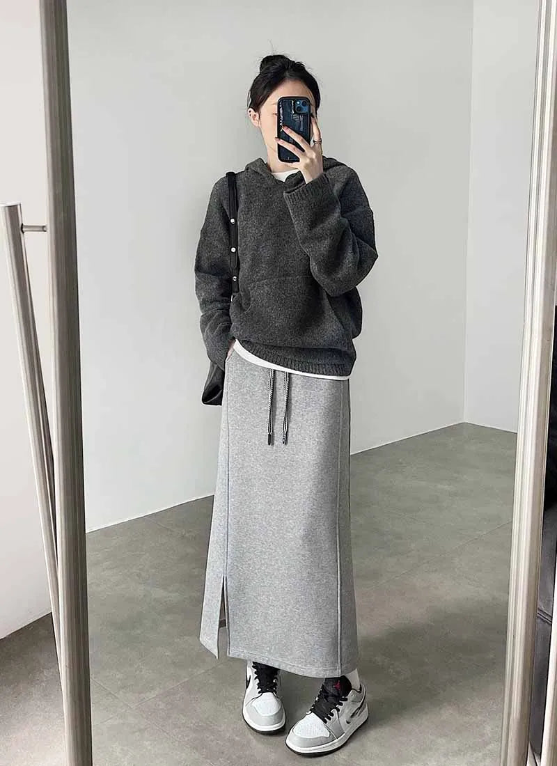 Women's Gray Split Midi Skirts Elasticity Waist Casual Loose Long Skirts Female Autumn Winter Thicken Plus Velvet Straight Skirt.