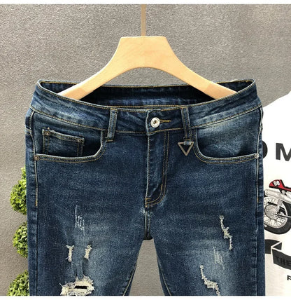 Trendy Unique Holed Men's Jeans Straight Leg Slim Fit Cropped Pants Summer Style Casual Business Fashion Shorts For Men.