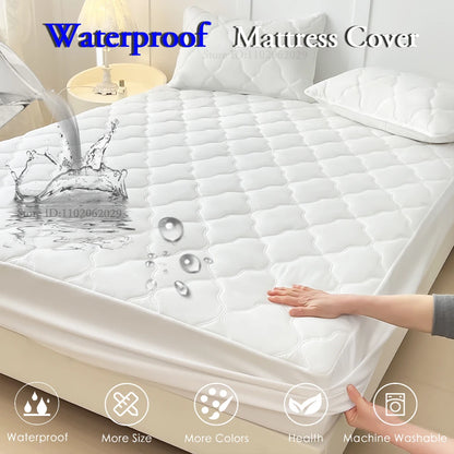 Waterproof Throw Mattress Cover Bed Fitted Sheet Mattress Bedspread Protector Pads Single/Double/King/Queen Full Size Gray/White.