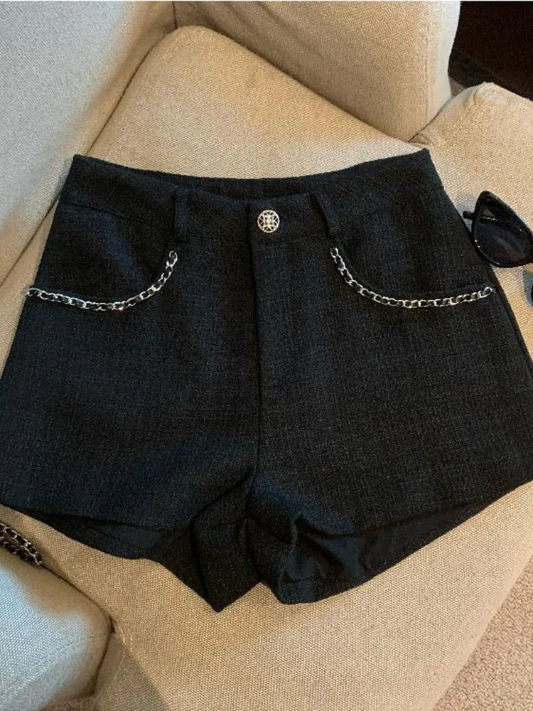 Fashion Tweed High Waist Women Shorts Autumn Winter Slim Office Woolen Black Shorts Women