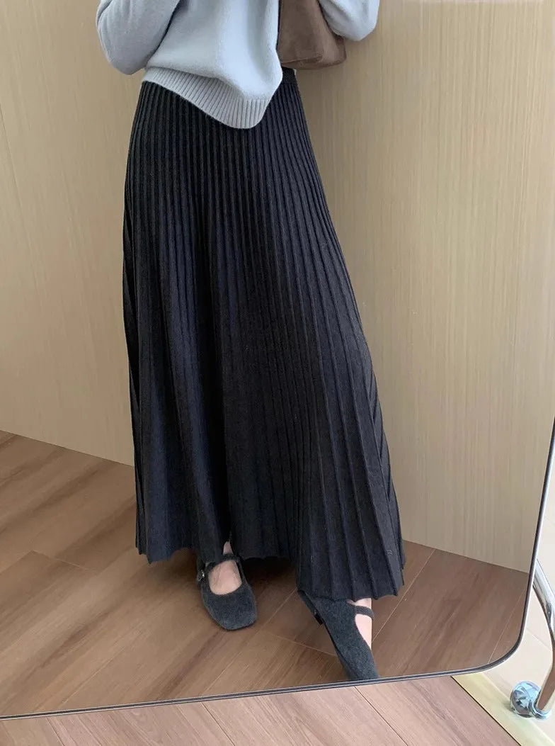 2026 Khaki Cashmere Knitted Midi Skirt for Women, Loose Fit, Draped, Slimming A-Line Pleated Skirt for Autumn and Winter