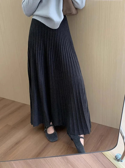 2026 Khaki Cashmere Knitted Midi Skirt for Women, Loose Fit, Draped, Slimming A-Line Pleated Skirt for Autumn and Winter