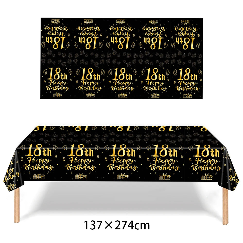 Dekore zum 18. Geburtstag für Jungen und Mädchen, Schwarz-Gold, Party-Banner, Ballon-Tischdecke, Teller, Tasse, Serviette, Partyzubehör zum 18. Geburtstag.