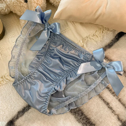 Women Sexy Satin Lace Mesh Transparent Bow Underwear Cute Lovely Sweety Princess Style Soft Panties Ruffles Breathable Breifs.