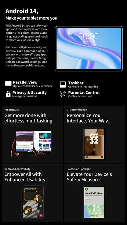 Teclast T60 Plus Tablet 12 inch MTK Helio G88 8-core CPU 6GB RAM 128GB ROM Android 14 Dual-band WiFi BT5.0 8000mAh 13MP+8MP.