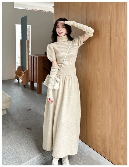 VigoAnne Spring Autumn 2025 Turtleneck Knit Woman 2 Piece Set Casual Solid High Waist Skirts Suits Korean Lady Long Dress Suit.