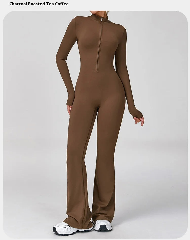 Women's One-piece Yoga Jumpsuit Long Sleeve Zipper Slim Fit Sports Outfit Flare Tights Quick-drying Hip Lift Gym Fitness Clothes.