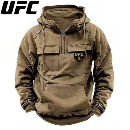 UFC Autumn Winter Men's Hooded Solid Hoodies Sweatshirts Sports Outdoor Casual Hoodie Coat Jackets Multi Pockets Male Zipper.