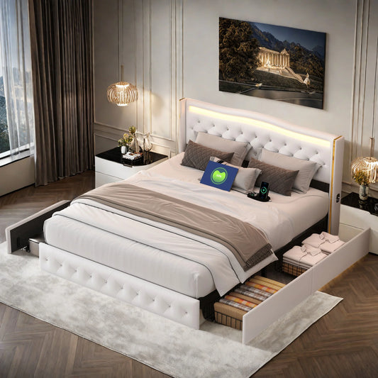 Rosahqnda Modernes Doppelbettgestell aus weißem PU-Leder, vergoldetes Kopfteil mit vier Schubladen ohne Matratze