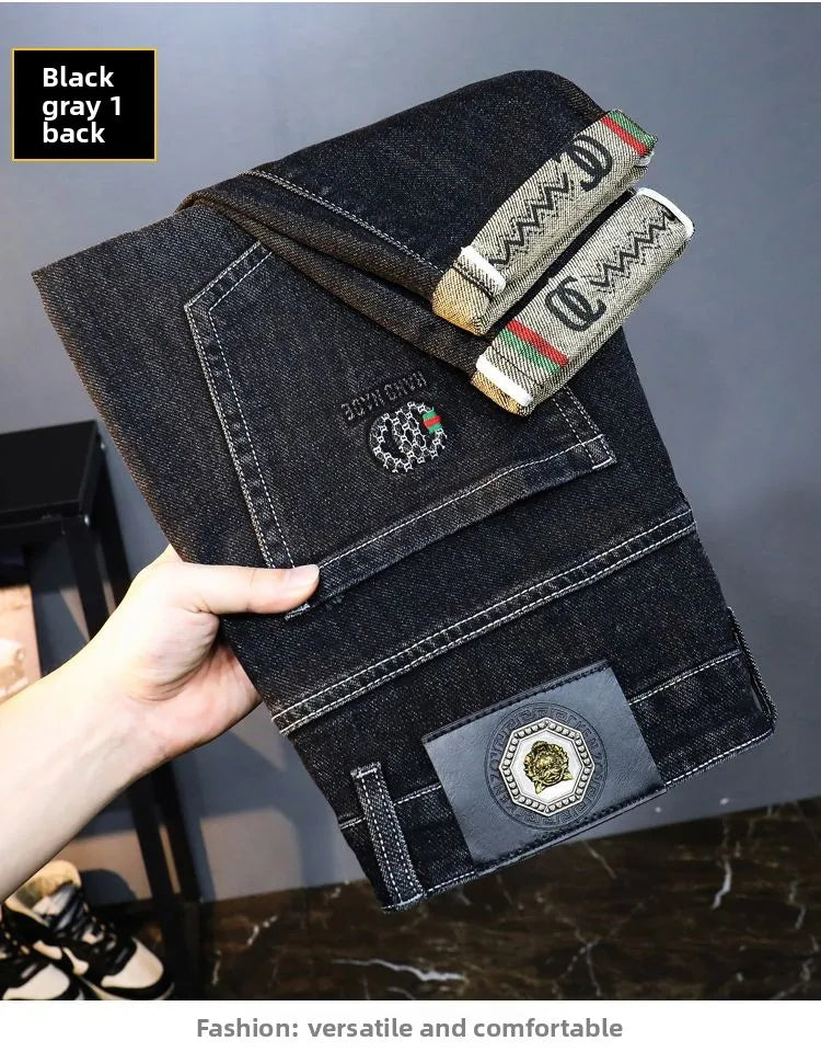 Zerrissene, reguläre, schmale Passform, gerade Jeans, bequem, lässig, Herbstmode, Denim-Hose, klassische, dünne Vintage-Unisex-Herren-Stretchhose.