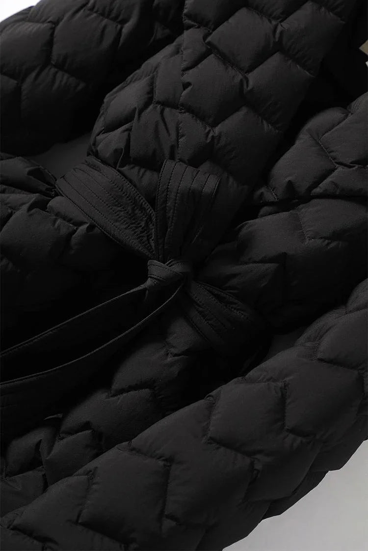 Leichte Daunen jacke mit Gürtel Frauen eleganter Krawatten gürtel lange Baumwolle weiße Ente Daunen Parka weibliche Damen Jacken Winter neu 2024