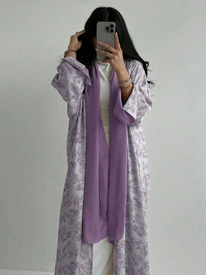 Lockeres, mit Blumenmuster bedrucktes Abaya-Langarmkleid für den orientalischen Nahen Osten für Damen, elegante Robe mit offener Vorderseite ohne Schal.