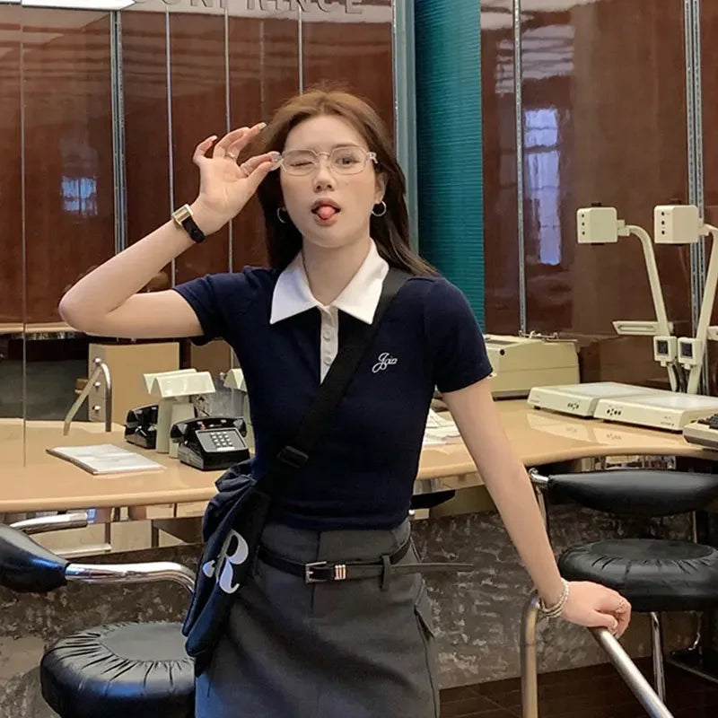 Slim Fit Short Sleeve Polo Neck T-Shirt Women's Sweet And Spicy Design Sensation Small Audience AE Stockpile Brand.