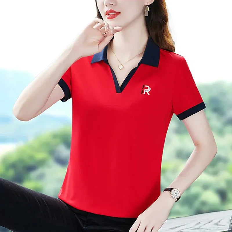 Women's Slim Fit Polo Shirt Short Sleeve T-Shirt Casual Sporty Loose Fashionable Summer Top Turn-down Collar Comfortable.