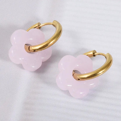 Colorful Flower Glass Drop Charms Earring Gold Color Circle Ear Buckle Hoops Stainless Steel Earrings Fashion Jewelry for Women.