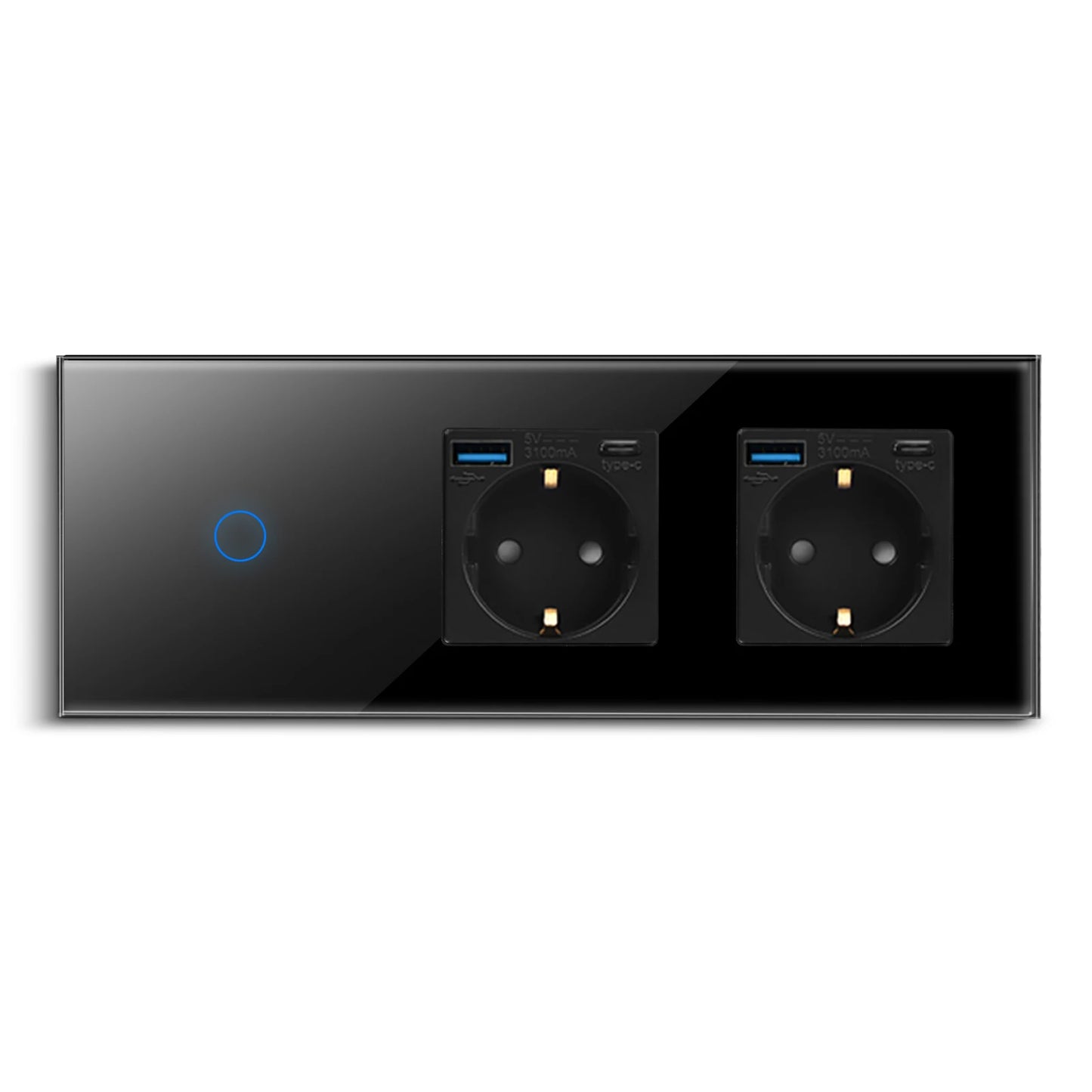 Bingoelec Wandsteckdose, Touch-Lichtschalter mit USB, 20 W, Typ C, Schnellladesteckdose, Glasscheibe, EU-Standard-Steckdosen