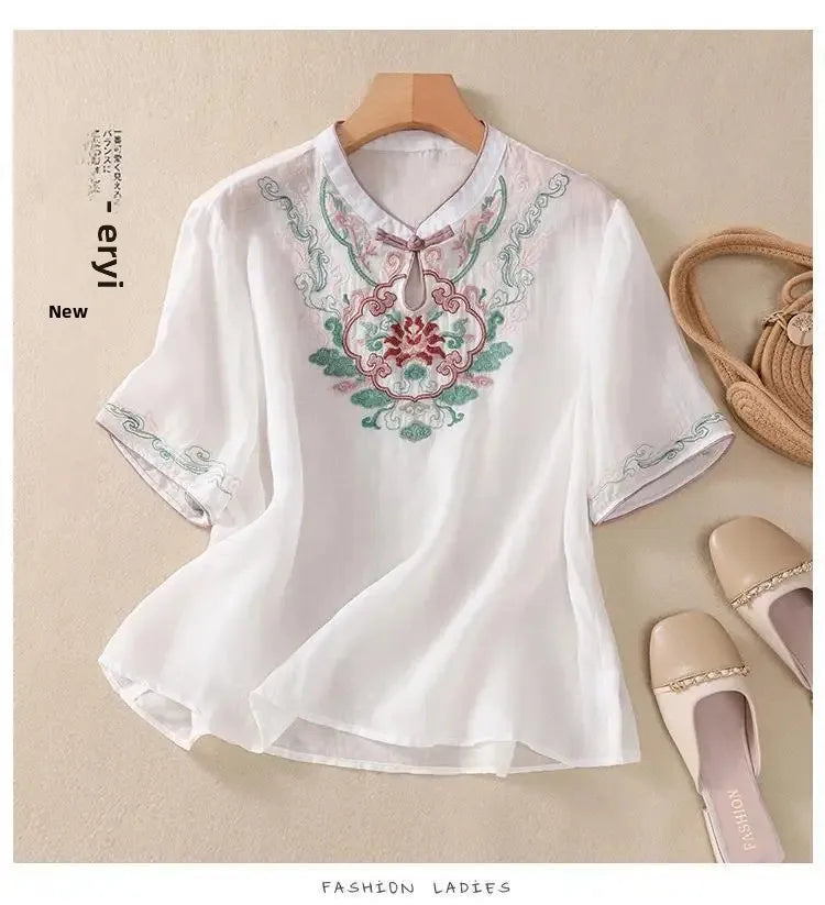Retro Chinesischen Stil Lose Fit Baumwolle Leinen Kurzarm Shirt frauen Sommer Schwere Stickerei Abnehmen Top Flagge Kleid.