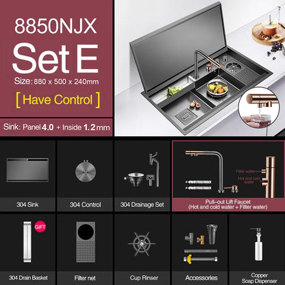 ASRAS Large Size Flip Cover Hidden Island Kitchen Sink 304 Stainless Steel 4mm Thickness Handmade Stepped Sink Cup Rinser Sinks