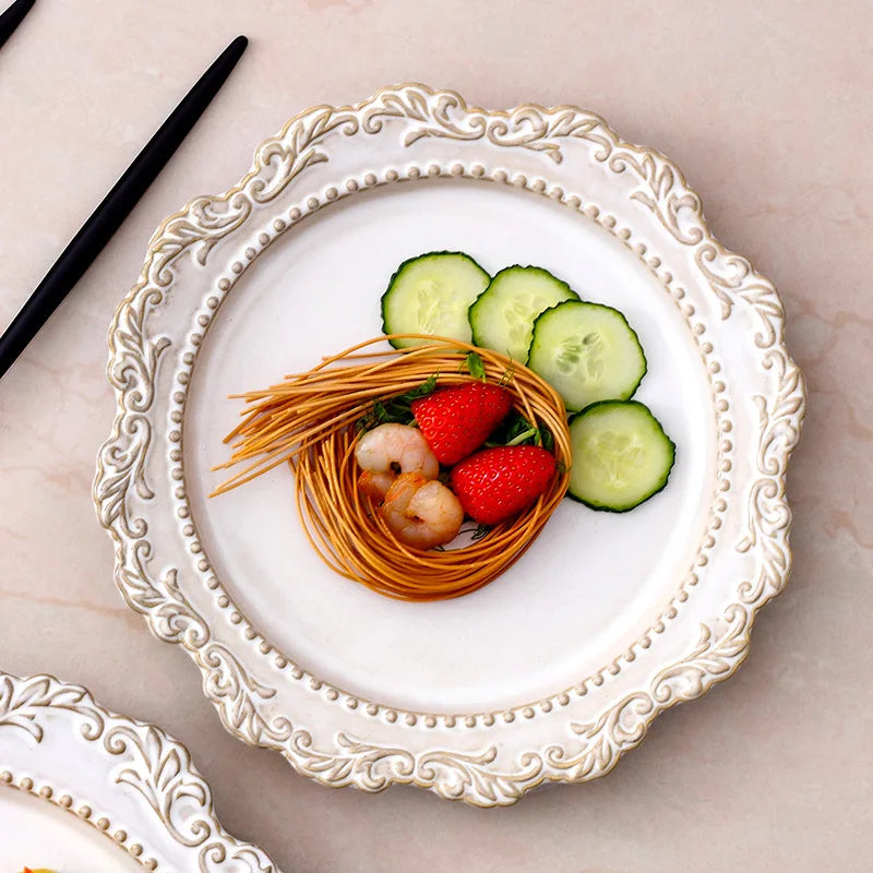 French Baroque Retro Relief Court Style Ceramic Dinner Plate European Tableware Western Food Plate Soup Plate Bowl Set.