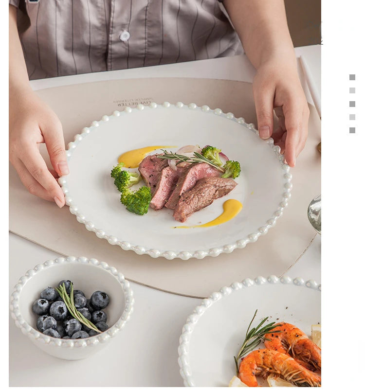 Ceramic Tableware Set Nordic Creative Pearls Beaded Edge Western Food Snack Plate Rice Bowl Soup Bowl Steak Plate Set Kitchen.