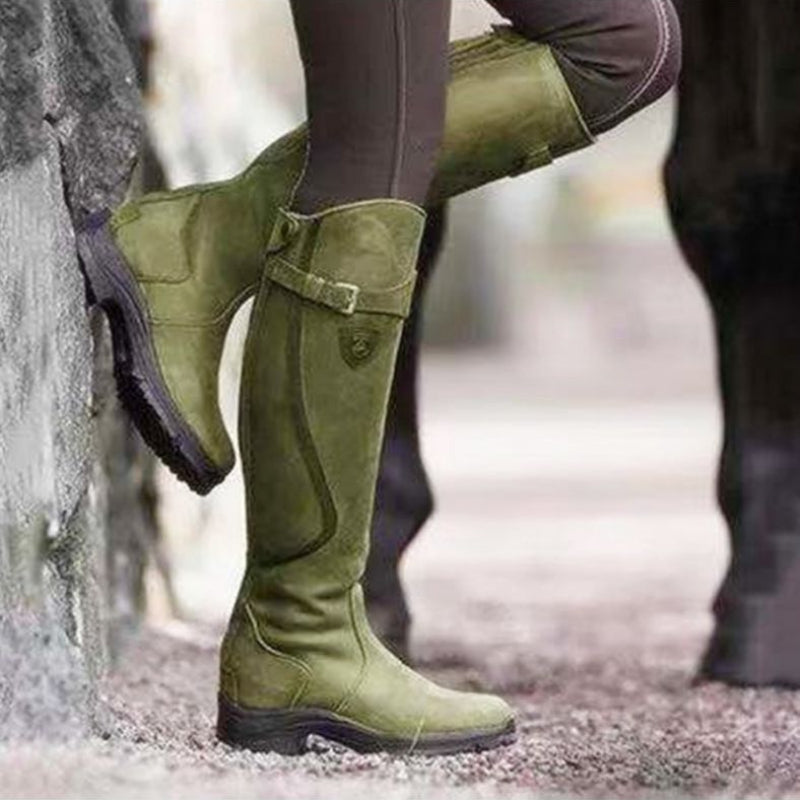 Women Autumn Winter Knee High Boots Female Pleated Buckle Leather Boots Zipper Flat Long Boots Plus Size 35-43 Botas De Mujer.