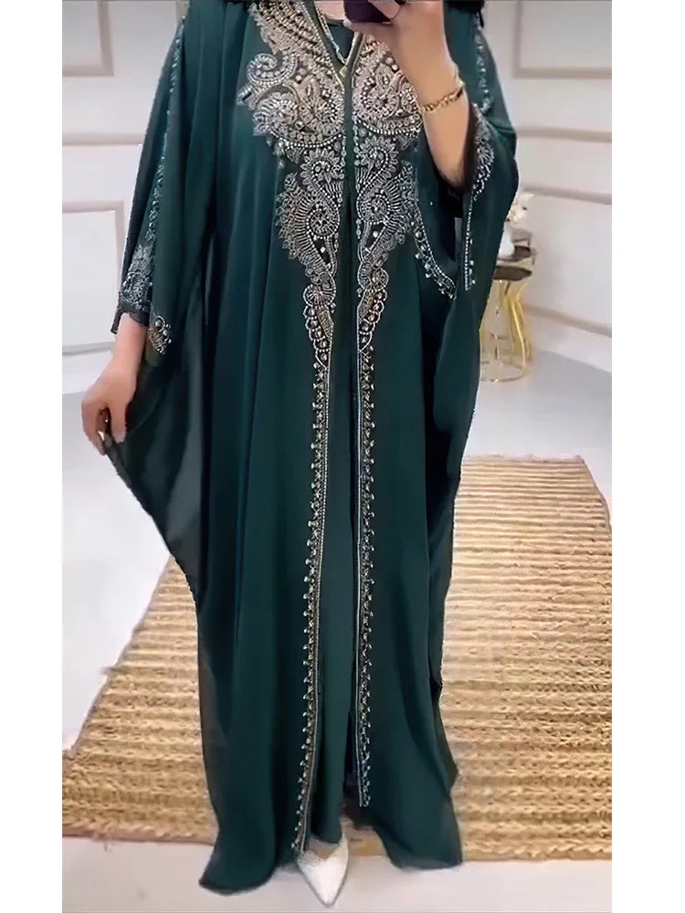 Eid Muslim Dress for Women Hooded Abaya 2 Piece Set Diamond Jalabiya Morocco Party Dresses Dubai Abayas Kaftan Vestido Long Robe.