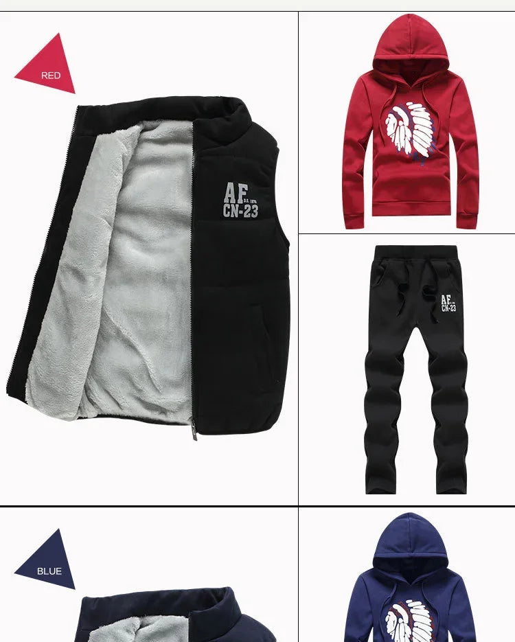 3 Pieces Set Hoodies+Vest+Pants Casual Men's Track Suit Clothing Coats Winter Thick Warm Tracksuit for Men Printed Mens Set Vest