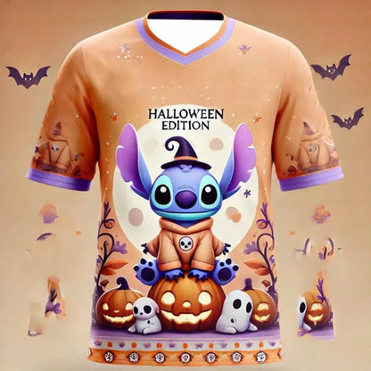 Disney Women's Men's Sports Jersey Halloween Stitch Print Short Sleeve Summer Graphic Tee Children Cartoon Size Sport T-Shirt.