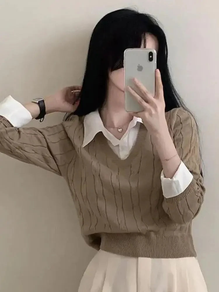 Mode Winter Gestrickte Pullover Frauen Casual V-ausschnitt Pullover Alle-spiel Weibliche Kleidung Lose Gefälschte Zwei Artikel Kurze Tops Jumper.