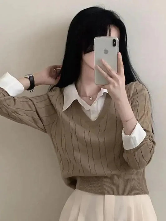 Mode Winter Gestrickte Pullover Frauen Casual V-ausschnitt Pullover Alle-spiel Weibliche Kleidung Lose Gefälschte Zwei Artikel Kurze Tops Jumper.