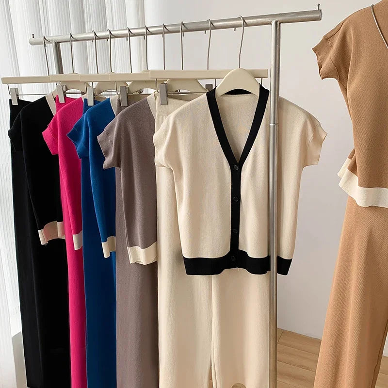 Fashion Knitted 2 Pieces Sets Women V-Neck Single Breasted Cardigan+High Waist Wide Leg Long Pants 2024 New Solid Sweater Suits.