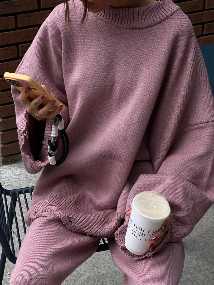 Bornladies Autumn Winter Women's New Turtleneck Knit Sweater Skinny Knit Pants Set Soft Oversized Ripped Hem Fashion Pullover