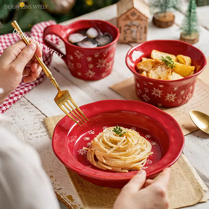1PC Exquisite Christmas Tableware Ceramic Plates Fruit Salad Plates Breakfast Milk Mugs Household Kitchen Ceramic Noodle Bowls.