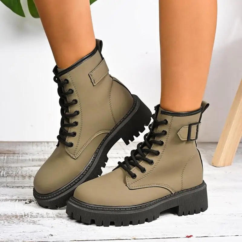 Chunky Platform Thick Heel Pink Ankle Boots Women 2025 Winter Punk Thick Bottom Lace Up Motorcycle Boots Metal Buckle Booties