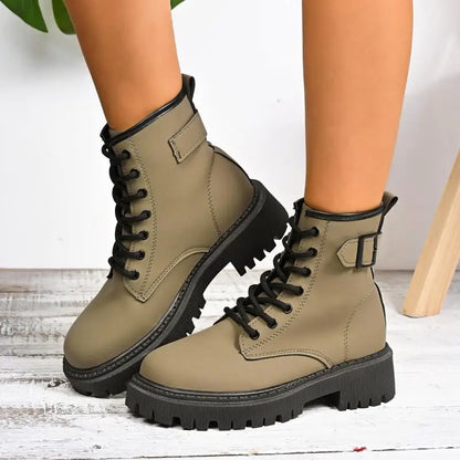 Chunky Platform Thick Heel Pink Ankle Boots Women 2025 Winter Punk Thick Bottom Lace Up Motorcycle Boots Metal Buckle Booties