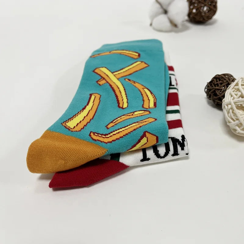 1 Pair Unisex Funny AB Style Tomato Ketchup French Fry Printed Mid-Calf Socks Suit In All Seasons.
