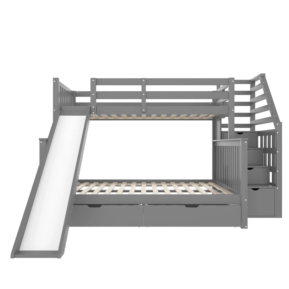 Etagenbett 90 x 200 über 140 x 200 mit Schubladen, Stauraum und Rutsche, multifunktional, Grau (ohne Matratze)