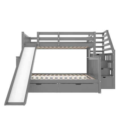 Etagenbett 90 x 200 über 140 x 200 mit Schubladen, Stauraum und Rutsche, multifunktional, Grau (ohne Matratze)