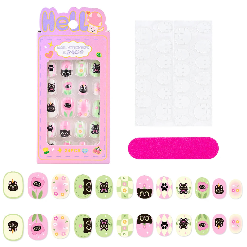 24Pcs/box Kids nails for Girl Cartoon Pattern False Nail Cute Child Fake Nails Tips Kawaii Acrylic Artificial Press on Nail+Tool