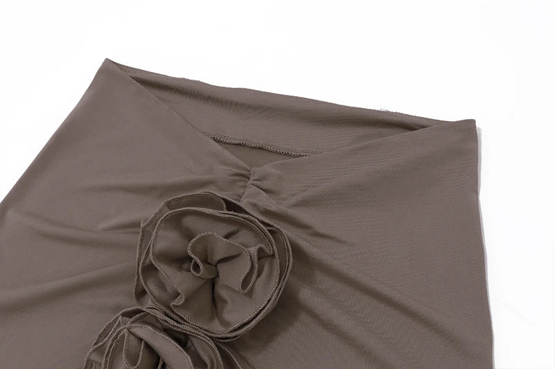 WhereMery Vintage Flower Applique High Split Long Skirt Sexy High-waist Ruched Solid Slim Skirts 2025 Casual Women's Short Drees.