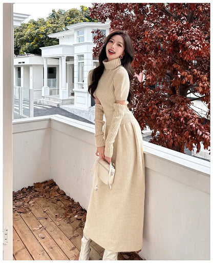 VigoAnne Spring Autumn 2025 Turtleneck Knit Woman 2 Piece Set Casual Solid High Waist Skirts Suits Korean Lady Long Dress Suit.