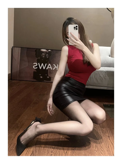Leather Matte Slim Mini Sexy Fashion PU Hot Short High Waist Skirt Korean Nightclub Streetwear Wholesale Clothes 7ST.