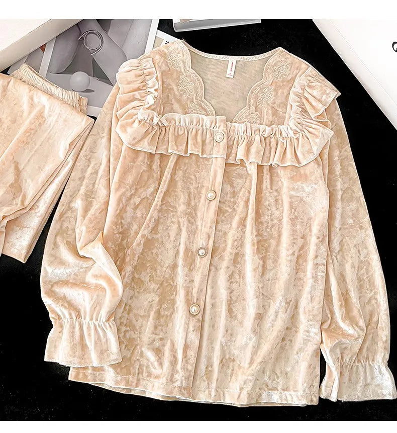 Soft Velvet Pajama Set Women Loose Home Wear Sleeping Velour Autumn Winter New Warm Sleepwear Female Nightie Ins Underwear.