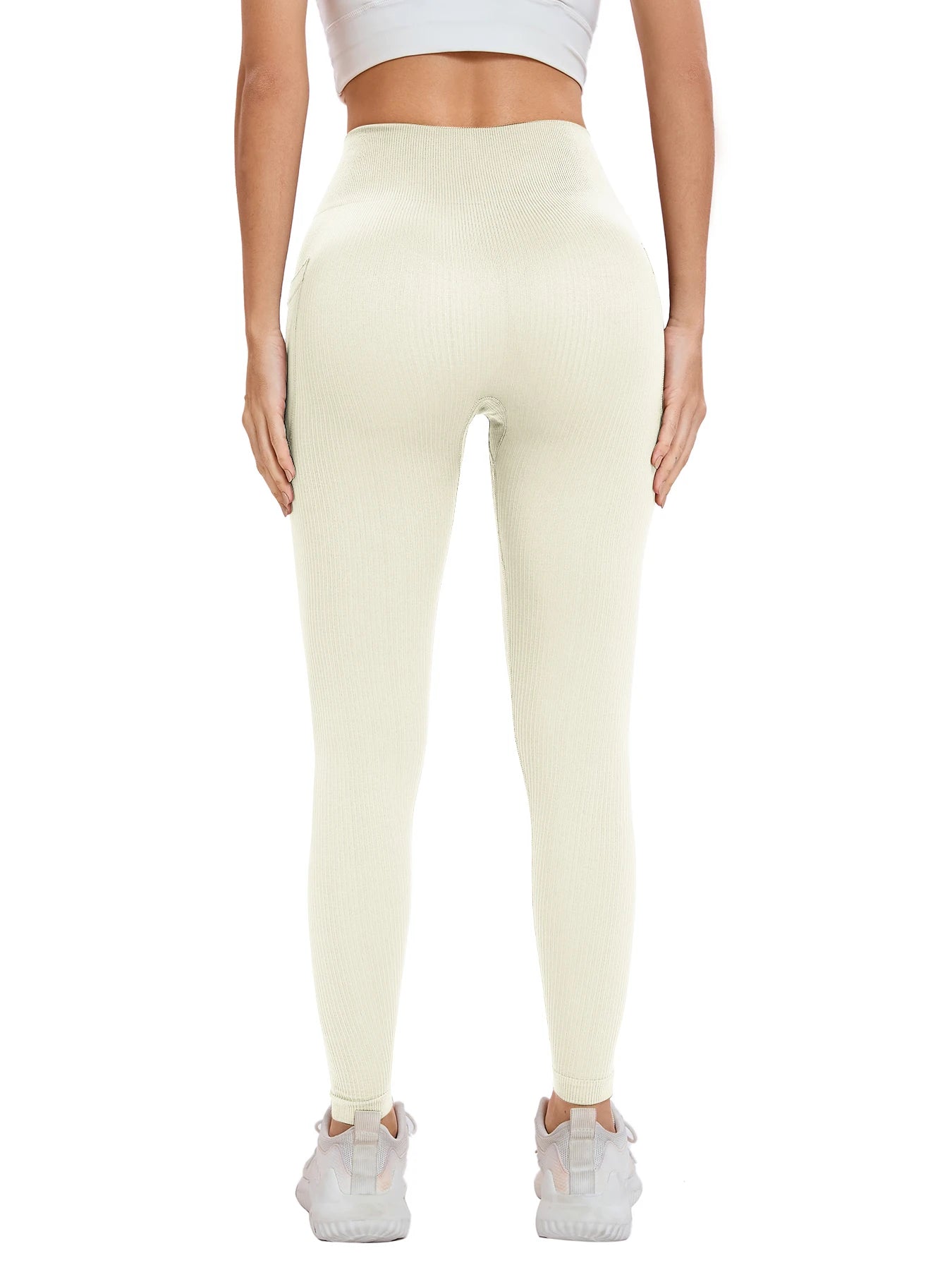 Women's solid color threaded sports leggings seamless cross-border yoga pants high-waisted fitness pants Yoga wear with pocket.