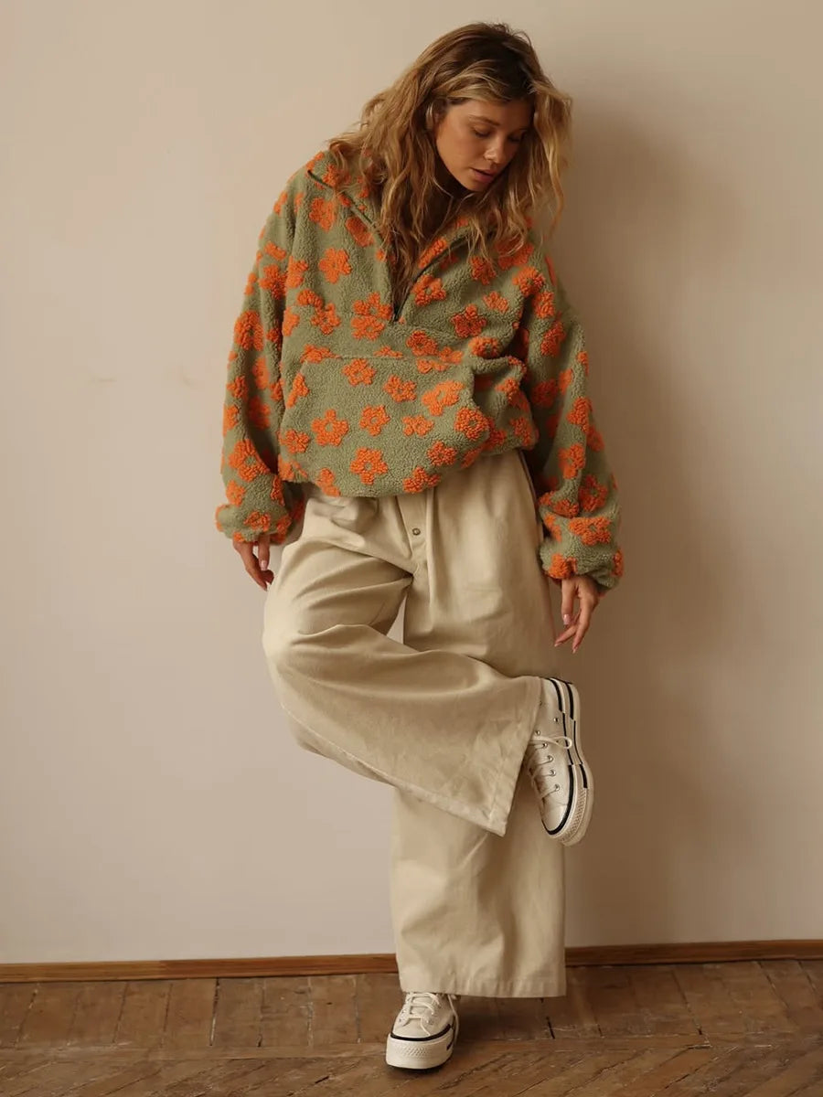 Sumuyoo Autumn Winter Women's Sherpa Floral Pullover Hoodies Half Zip Style Loose Fit Warm Stylish New Sweatshirt.