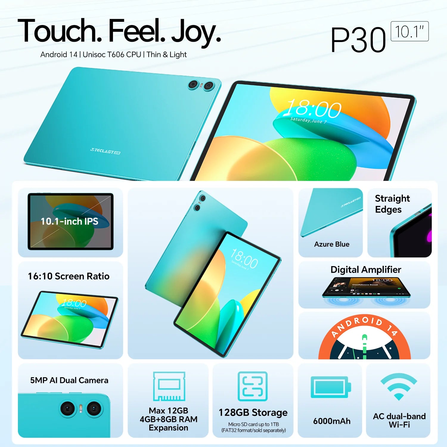 Teclast P30 Tablet Android 14 Max 12GB(4GB+8GB Expansion) RAM 128GB ROM 10.1" Tablets Unisoc T606 8-Core 6000 mAh AI Dual Camera.