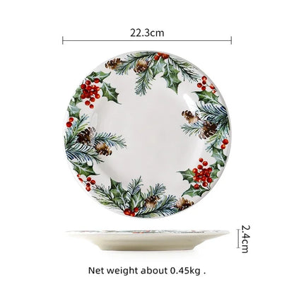 Christmas Ceramic Dinner Plate Set Household Underglaze Flat Round Dim Sum Decorative  Sushi.