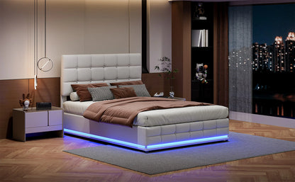 Anajqaqia Doppelbettgestell, mit LED-Beleuchtung und hydraulischem Bettrahmen, 140 x 200 cm, Weiß